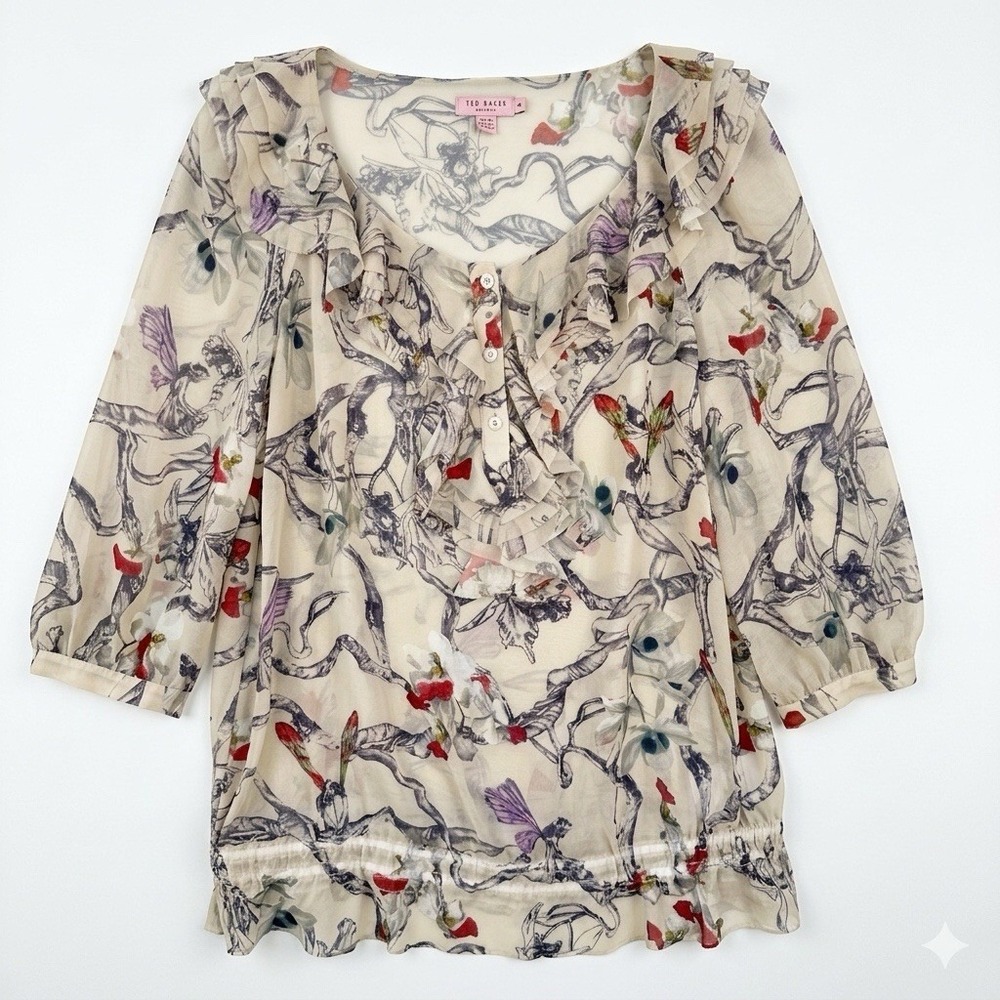 TED BAKER Cream Flower Fairy Print Ruffled Sheer Blouse Fairycore Size 3 L